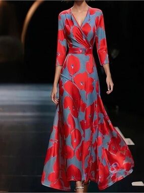 Red Floral Wrap Maxi Dress with V-Neck